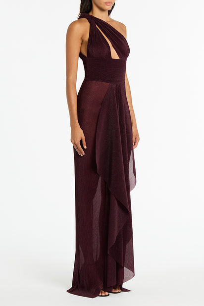 PLUM SHEER PLISSE ONE SHOULDER GOWN