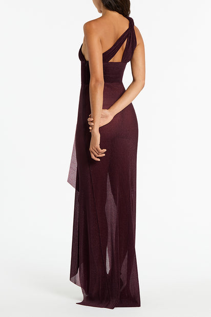 PLUM SHEER PLISSE ONE SHOULDER GOWN