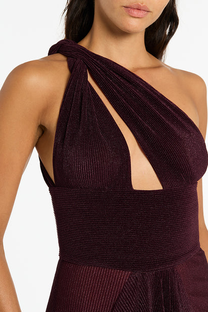 PLUM SHEER PLISSE ONE SHOULDER GOWN