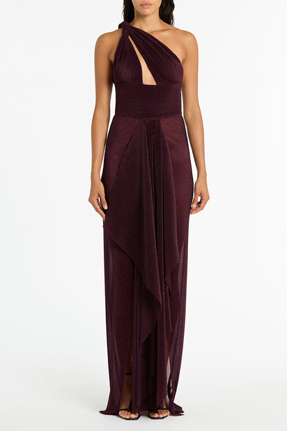 PLUM SHEER PLISSE ONE SHOULDER GOWN Carla Zampatti PLUM SHEER PLISSE ONE SHOULDER GOWN Carla Zampatti
