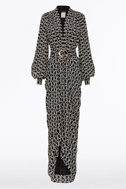 BLACK MONOGRAM SILK WATERFALL DRESS