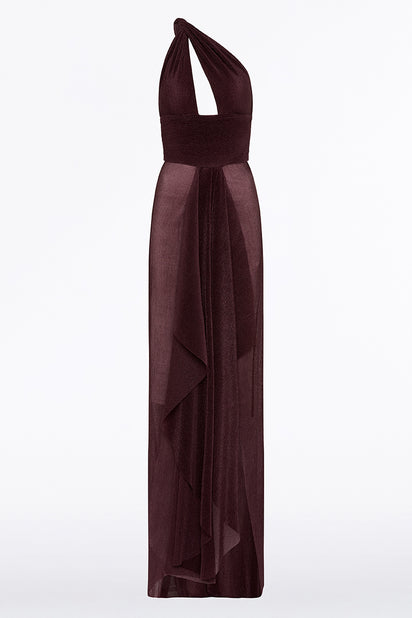 PLUM SHEER PLISSE ONE SHOULDER GOWN