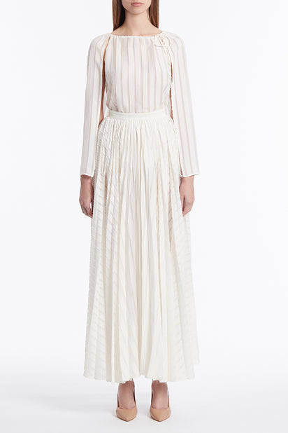 WHITE EYELASH STRIPE GATHERED TOP