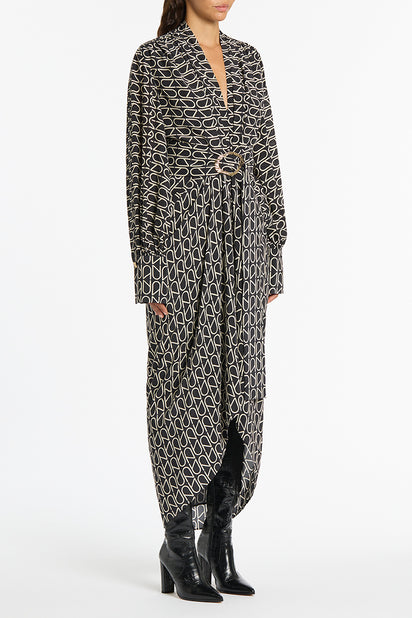 BLACK MONOGRAM SILK WATERFALL DRESS