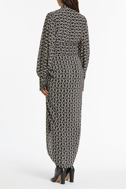 BLACK MONOGRAM SILK WATERFALL DRESS
