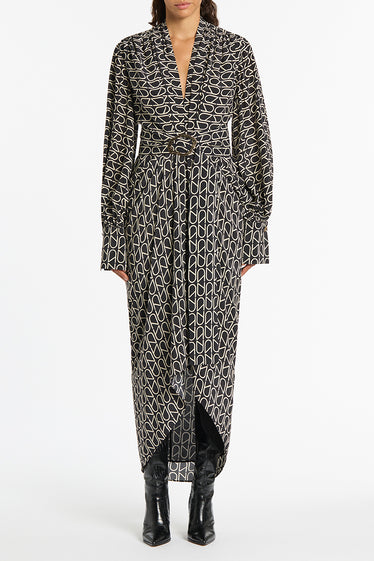BLACK MONOGRAM SILK WATERFALL DRESS